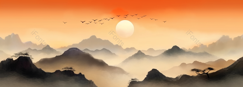 中国复古彩色水墨风景国画云层中的山峰,插画/手绘图,插画/手绘图库,插画/手绘图下载,插画/手绘